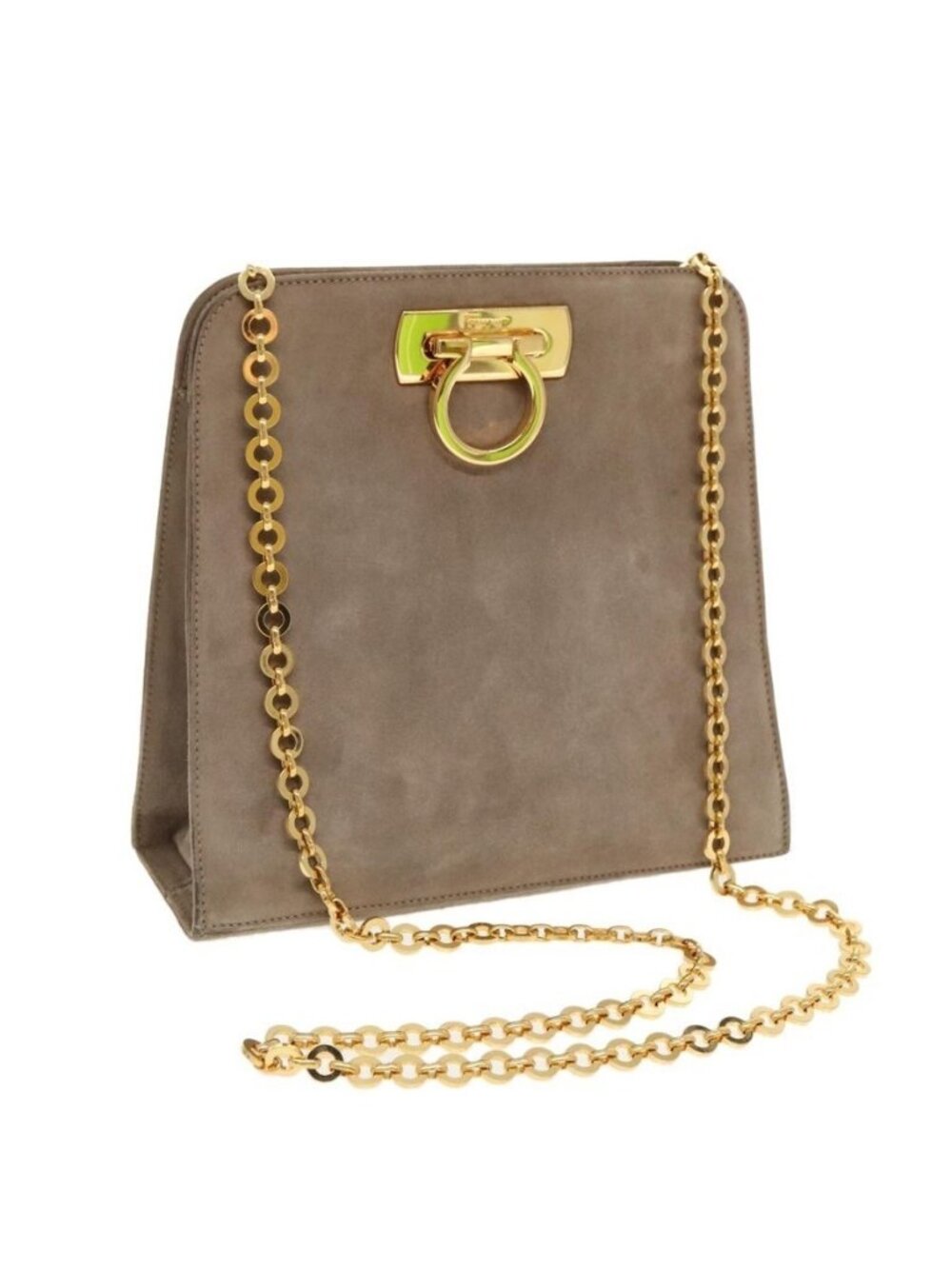 Authentic Salvatore Ferragamo Gancini Chain Shoulder Bag Suede Gray Gold